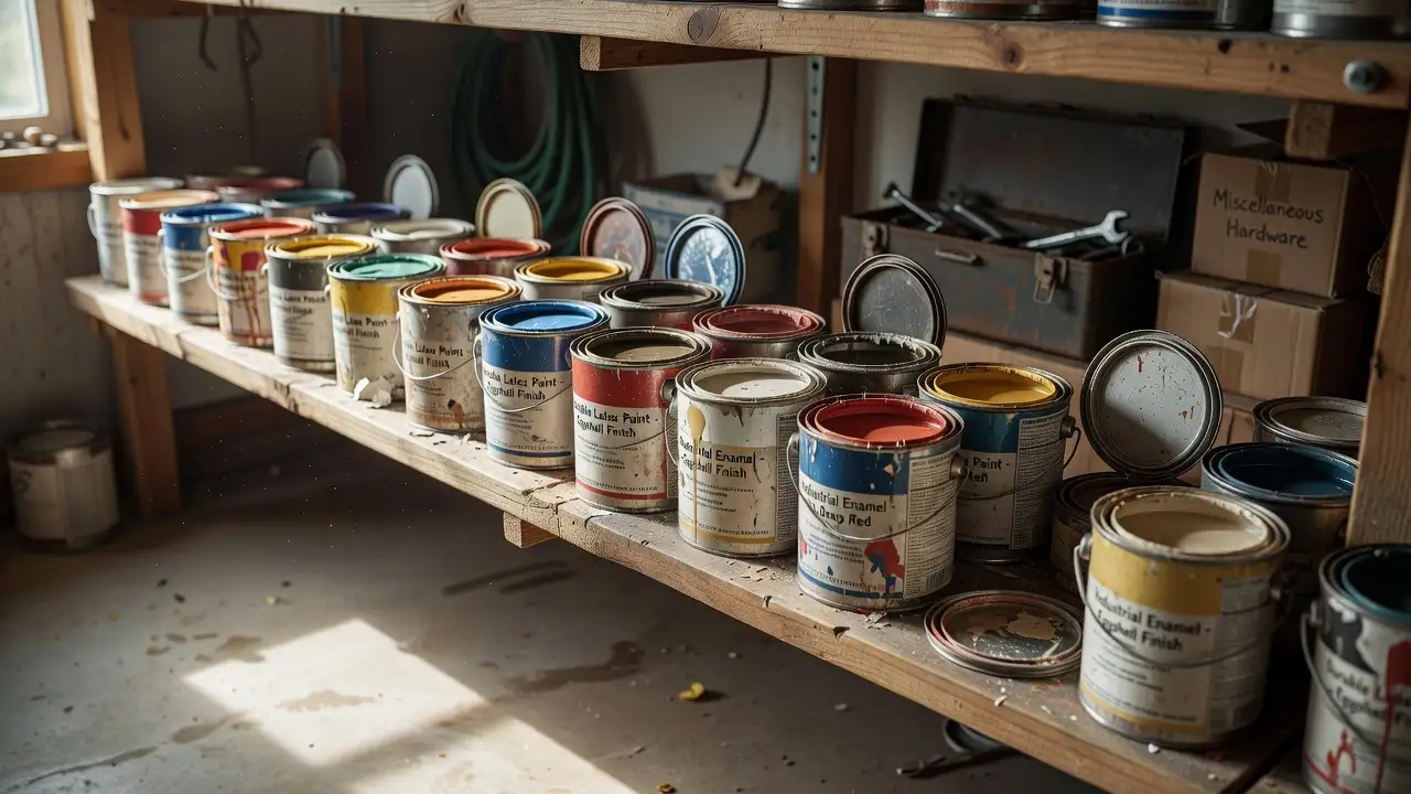 How long does paint last — rows of latex and enamel paint cans stored on a garage shelf
