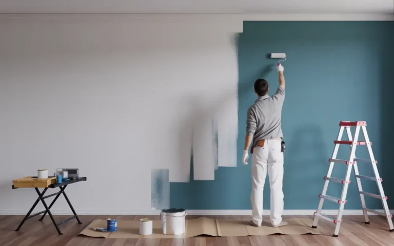 Professional painter charging competitive rates painting teal interior wall - how much do painters charge for quality work.