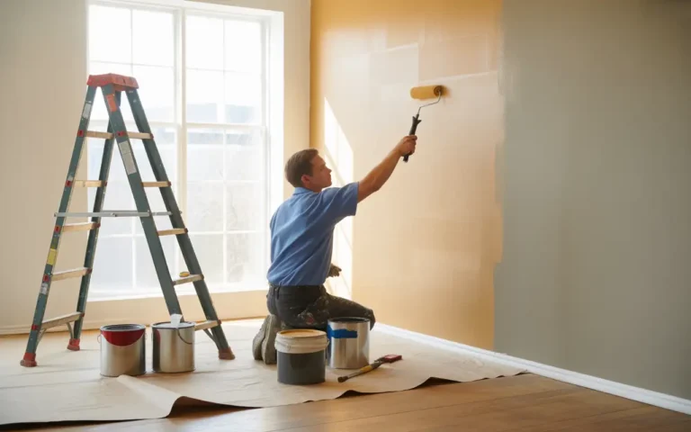 Professional painter working full day painting interior room walls with roller - daily painter cost and rates for complete projects.