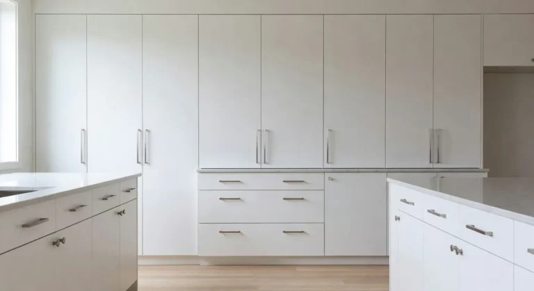 How to paint kitchen cabinets — freshly painted white kitchen cabinets with modern silver hardware and clean satin finish