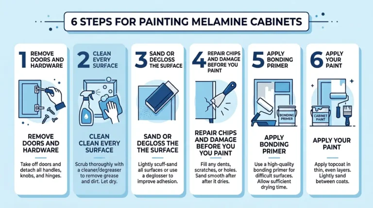 6 step infographic showing how to paint melamine cabinets — remove hardware, clean surfaces, sand or degloss, repair chips, apply bonding primer, and paint
