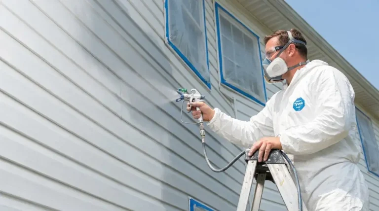 Professional painter using airless paint sprayer on white vinyl siding from ladder with protective gear