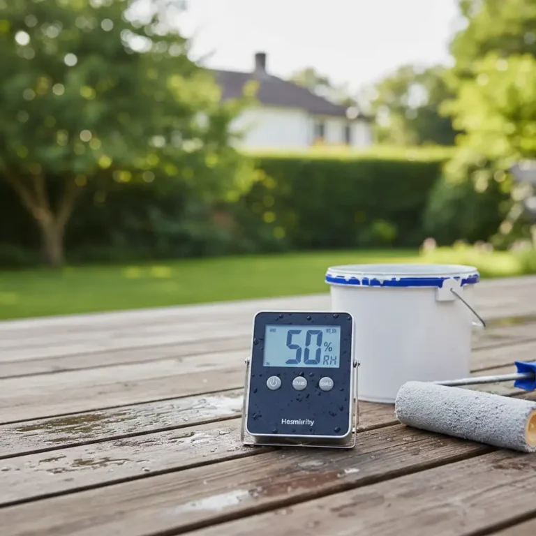 Digital humidity meter showing 50% RH reading on outdoor wooden deck with paint bucket and roller for exterior painting project.