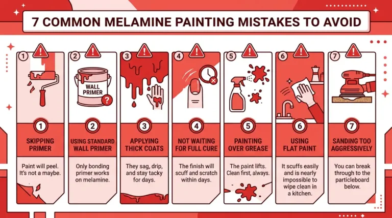 7 common melamine painting mistakes to avoid — skipping primer, using wall primer, thick coats, not waiting for full cure, painting over grease, flat paint, and sanding too aggressively