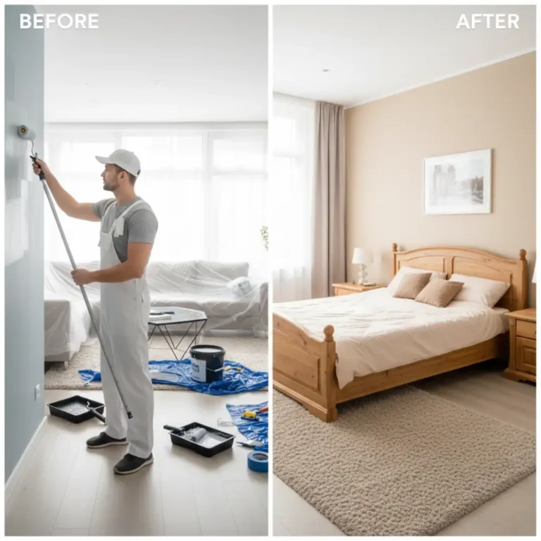 Before and after bedroom painting showing painter rates per room - professional painter transforming white room to warm beige finish.
