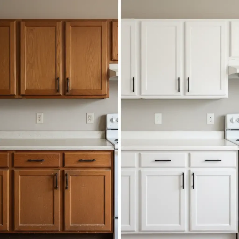 Before and after of painting over polyurethane cabinets — old wood finish on left, freshly painted white cabinets on right