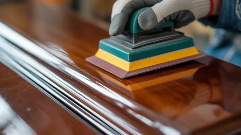 Can You Paint Over Polyurethane – person sanding a glossy polyurethane-coated wooden surface to prepare it for painting
