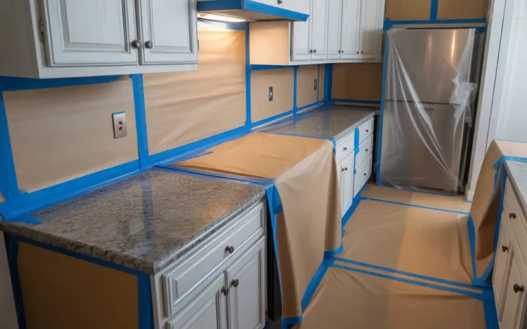 Kitchen protected with blue painter's tape and paper covering countertops, walls, and appliances before painting cabinet frames