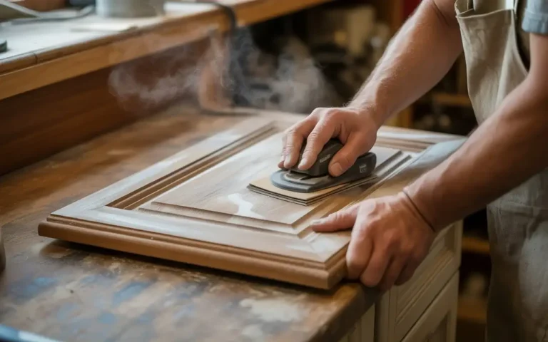 Person using orbital sander on kitchen cabinet door to rough up surface for better primer adhesion with visible sanding dust