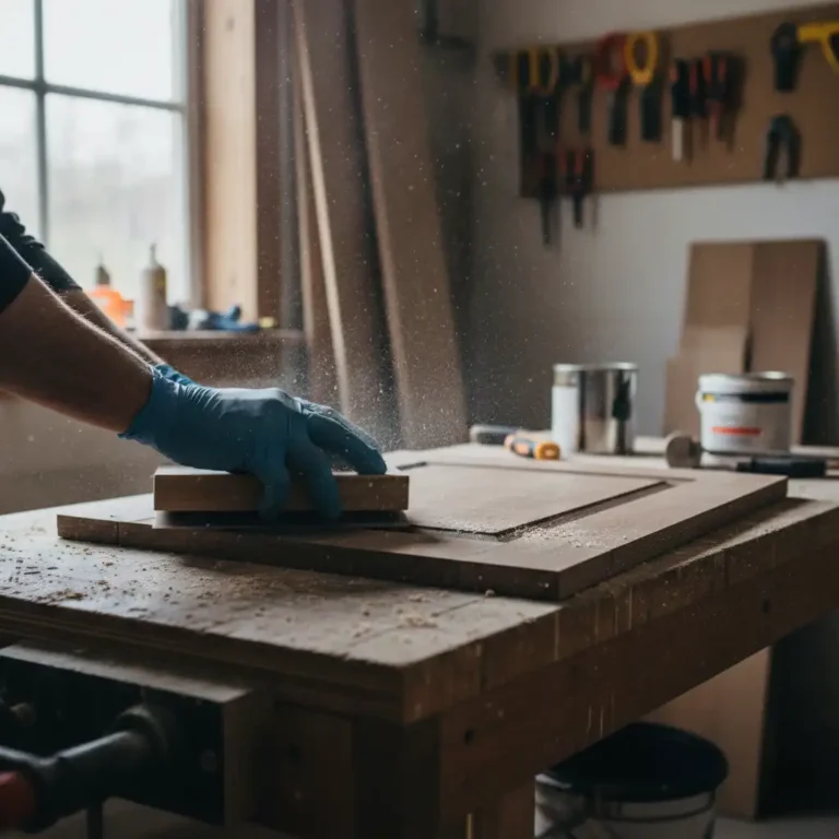 Person in rubber gloves sanding a wooden cabinet door on a workbench to prepare polyurethane surface for painting