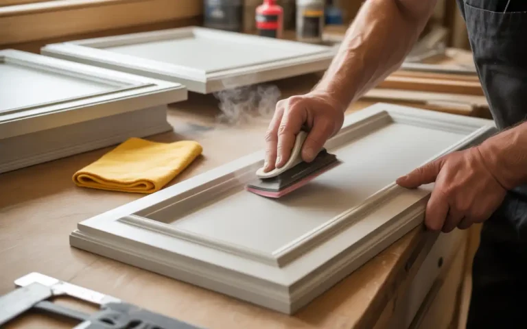 Hand sanding primed kitchen cabinet door with 220-grit sandpaper block to smooth surface before painting with visible sanding dust