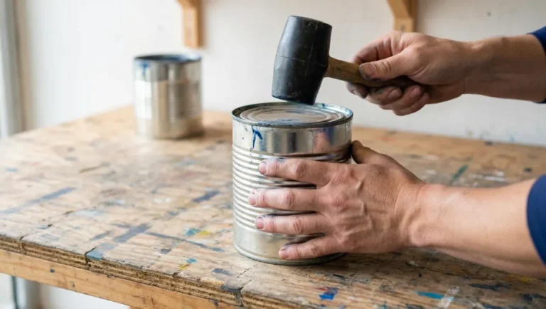 Sealing a paint can lid tight with a rubber mallet to make paint last longer