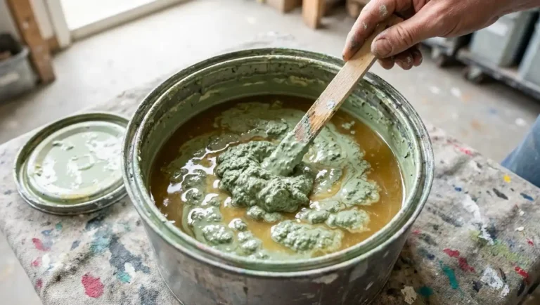 Spoiled latex paint with lumpy texture and separation being stirred with a wooden stick