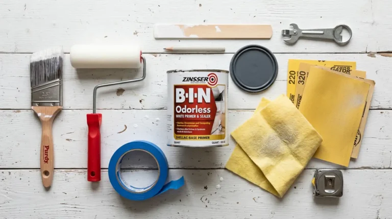 Tools and materials needed for painting melamine cabinets including Zinsser BIN primer, Purdy synthetic brush, foam roller, 220-grit sandpaper, painter's tape, and tack cloth