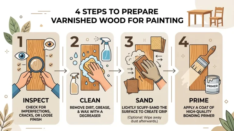 4-step infographic showing how to prepare varnished wood for painting inspect, clean, sand, and prime