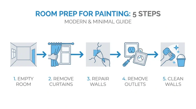 5-step room prep for painting infographic showing empty room, remove curtains, repair walls, remove outlets, and clean walls with flat design icons