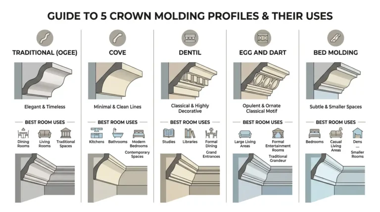 Infographic guide to 5 types of crown molding profiles including traditional, cove, dentil, egg and dart, and bed molding with best room uses