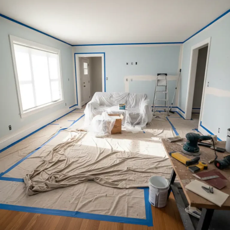 How to Prepare a Room for Painting with covered floors, taped trim, tools, and furniture protected for a clean and safe painting setup.
