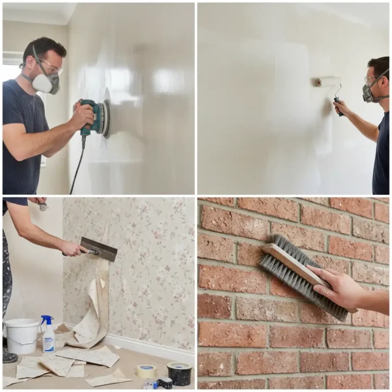 Prepping different wall surfaces for painting including sanding, priming, wallpaper removal, and cleaning brick for a smooth finish.