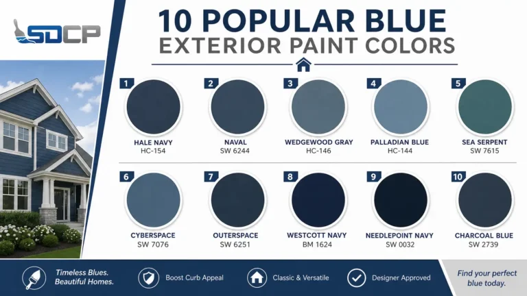 10 popular blue exterior paint colors infographic showing Hale Navy HC-154, Naval SW 6244, Cyberspace SW 7076, and more swatches by SD Custom Painting