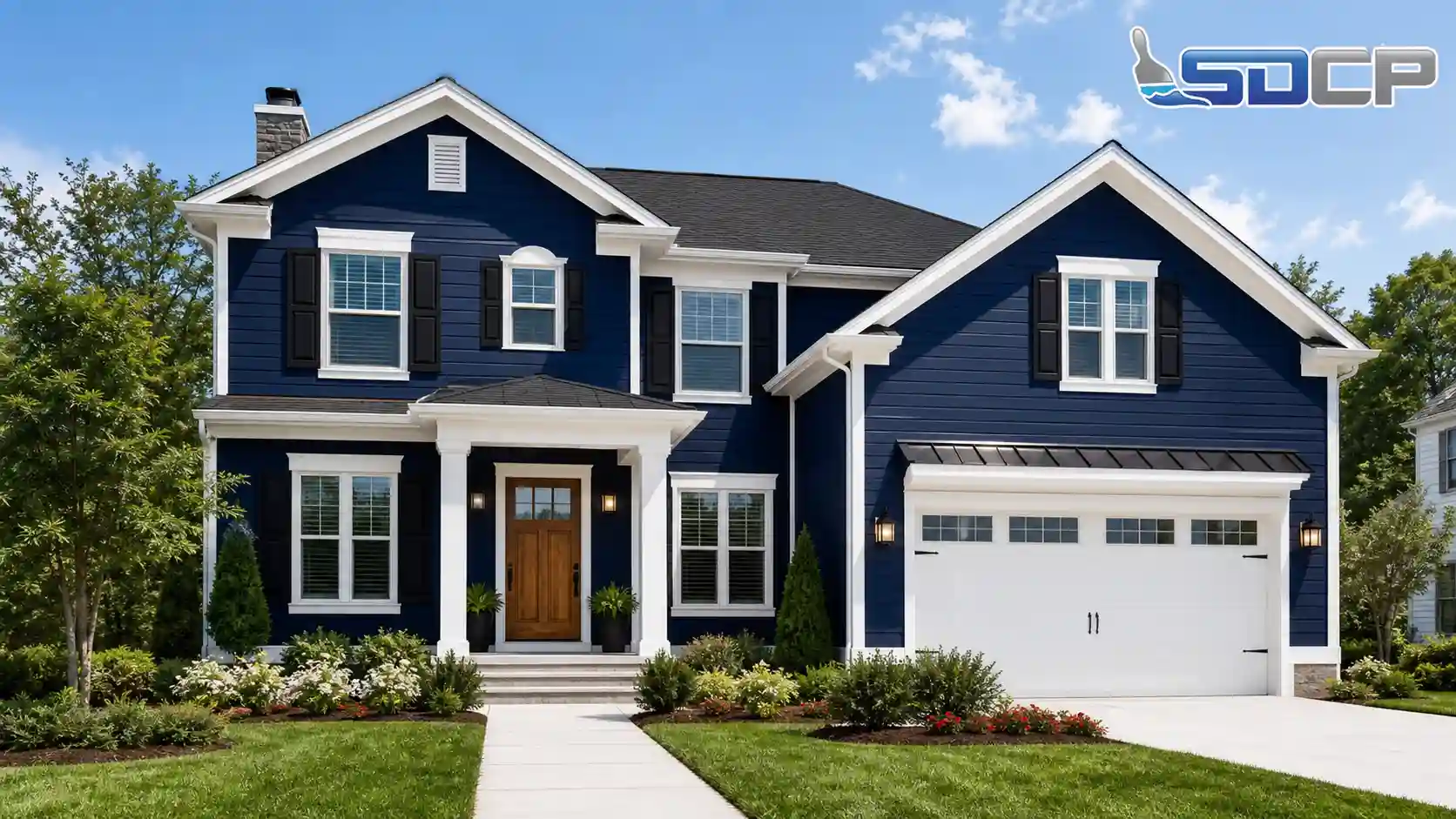 Best exterior blue paint colors on a two-story colonial home featuring navy blue fiber cement siding, white trim, black shutters, natural wood front door, and white garage door by SD Custom Painting