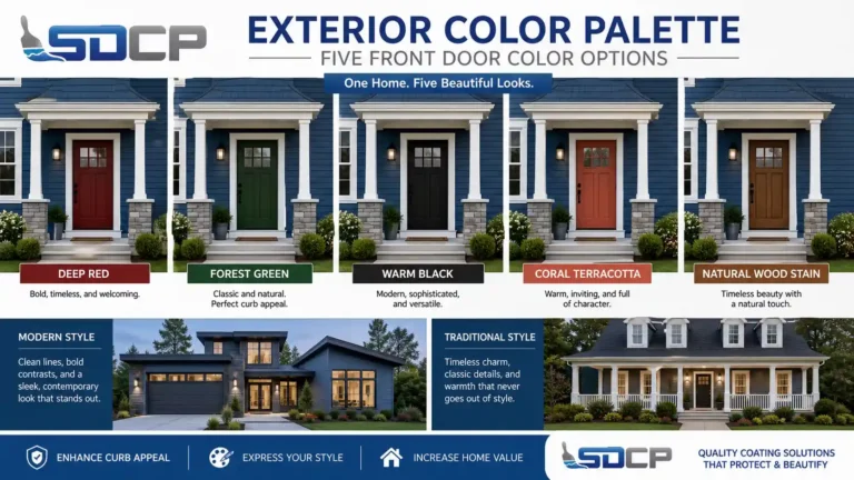 Exterior color palette infographic showing 5 front door color options for navy blue house exterior — deep red, forest green, warm black, coral terracotta, and natural wood stain by SD Custom Painting