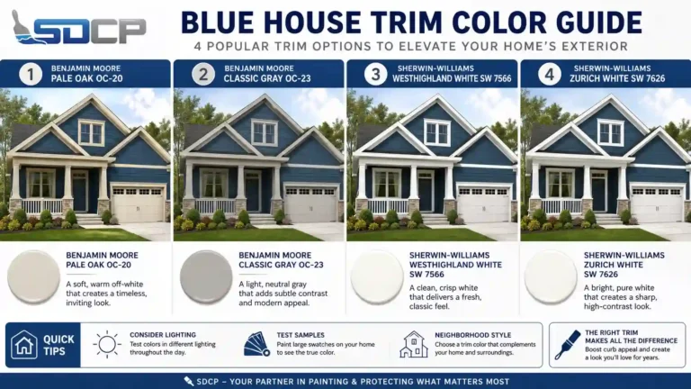 Blue house trim color guide showing 4 popular trim options — Benjamin Moore Pale Oak OC-20, Classic Gray OC-23, Sherwin-Williams Westhighland White SW 7566, and Zurich White SW 7626 on navy blue exterior