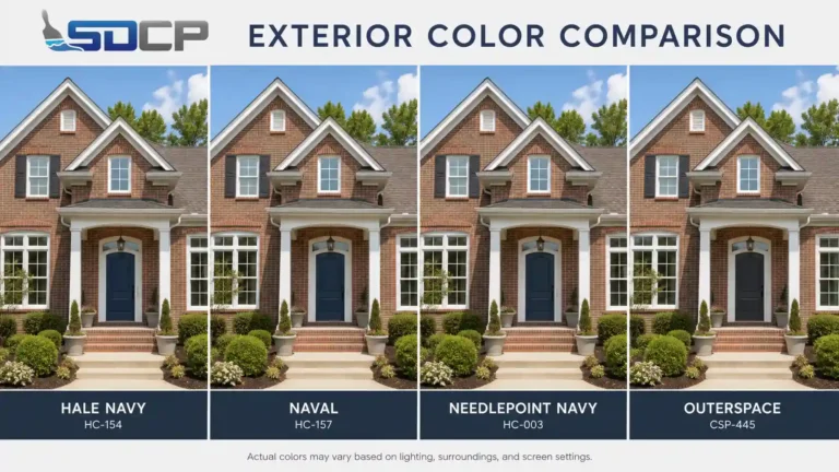 Exterior color comparison of blue paint on red brick house showing Hale Navy HC-154, Naval HC-157, Needlepoint Navy HC-003, and Outerspace CSP-445 by SD Custom Painting
