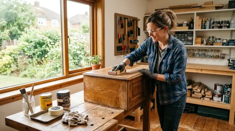 Woman sanding varnished wood cabinet before painting in a bright DIY workshop