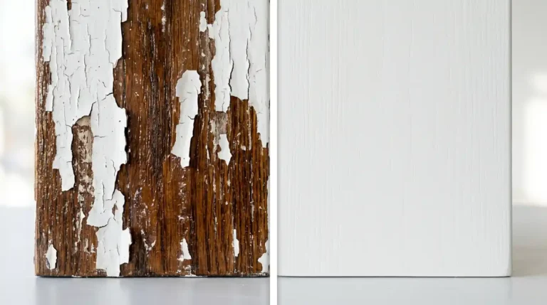 Side-by-side comparison of peeling paint on poorly prepped varnished wood versus a smooth, flawless painted wood finish