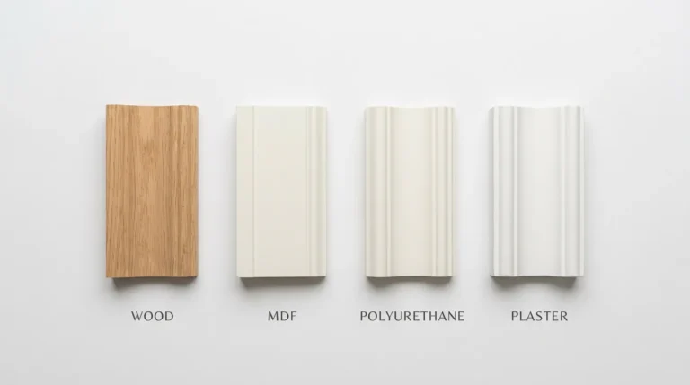 Crown molding materials comparison showing wood, MDF, polyurethane, and plaster samples side by side on a white surface