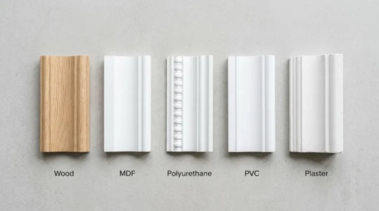 Five crown molding materials side by side Wood, MDF, Polyurethane, PVC, and Plaster samples on a grey concrete background.