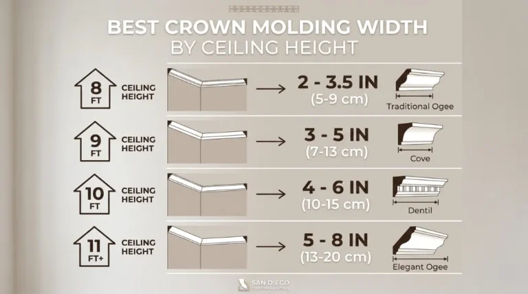Crown molding width by ceiling height guide showing 8ft, 9ft, 10ft, and 11ft+ recommendations with Traditional Ogee, Cove, Dentil, and Elegant Ogee profiles.