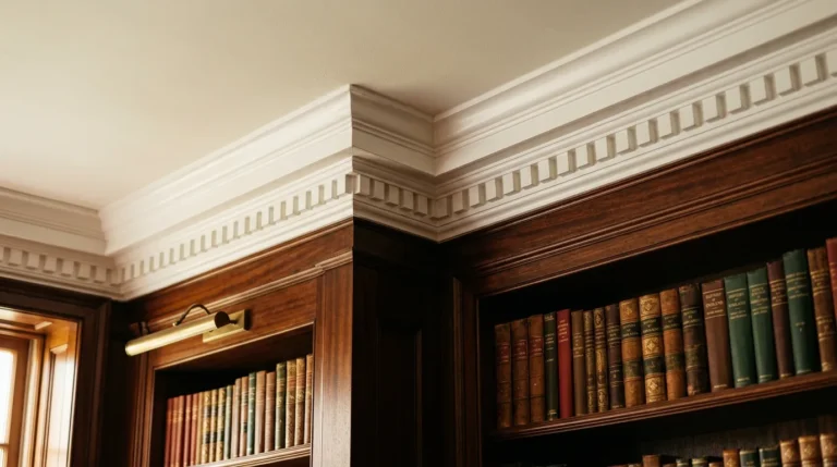 Dentil crown molding corner detail in a traditional wood-paneled home library