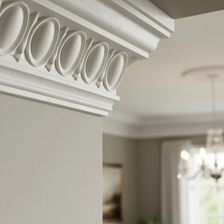 Egg-and-dart crown molding detail in a formal dining room corner