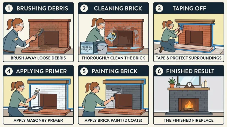 Step-by-step guide to painting a brick fireplace — six steps showing brushing debris, cleaning with TSP, taping off, applying masonry primer, painting brick, and finished result