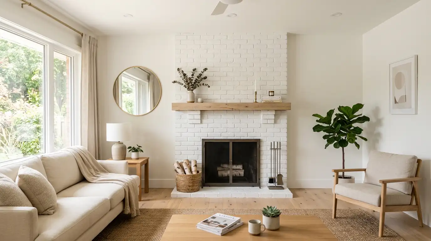 How to paint a brick fireplace: bright living room with freshly painted white brick fireplace, wood mantel, and modern minimal decor