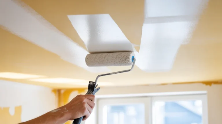 Using a paint roller on ceiling to apply white ceiling paint in smooth strokes during a home painting project.