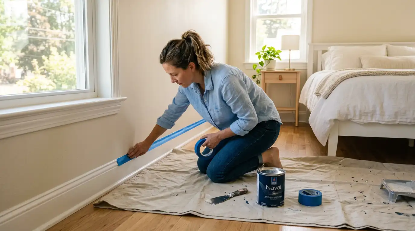 Woman applying blue painter's tape along white baseboards — how to prep a room for painting with drop cloth and paint can on hardwood floor