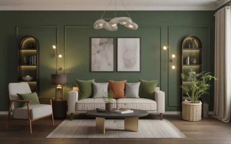 Living room with deep green accent wall, modern furniture, rug, and warm lighting.
