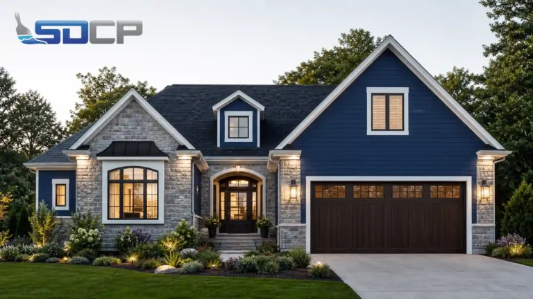 Elegant craftsman home with navy blue fiber cement siding, cool gray stone exterior, white trim, and dark wood garage door at dusk by SD Custom Painting