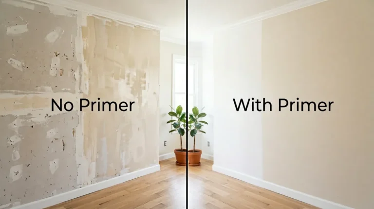 Side-by-side comparison of wall with no primer showing patchy uneven surface vs smooth primed wall with clean even finish before interior painting