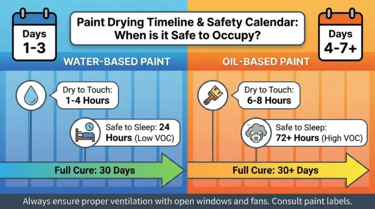 Paint drying timeline infographic showing water-based paint safe after 24 hours vs oil-based paint requiring 72+ hours before sleeping in room.