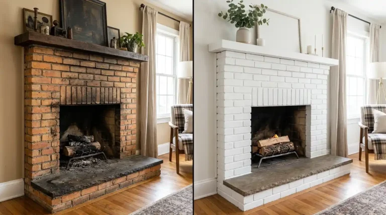 Brick fireplace before and after painting — left shows old orange brick with soot stains, right shows same fireplace painted white with clean mortar lines and updated mantel