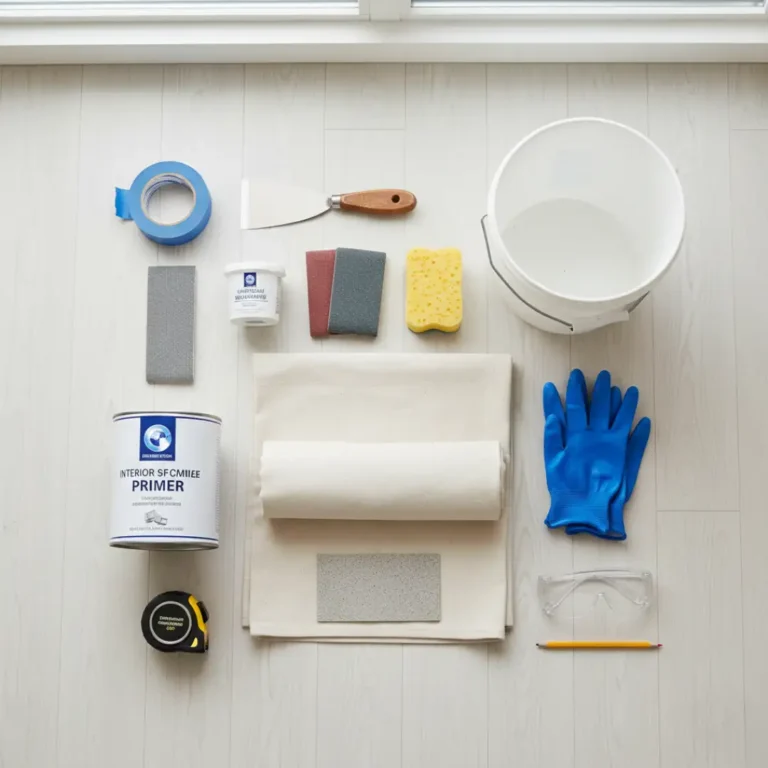 Essential painting prep tools including painter's tape, sandpaper, putty knife, primer, sponges, bucket, and rubber gloves.