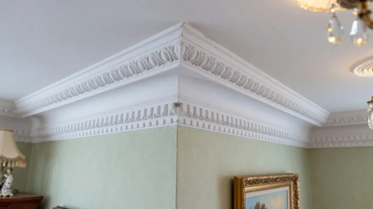 Traditional crown molding with dentil molding and egg-and-dart details installed along the ceiling, showcasing classic architectural trim and decorative molding in a formal interior.