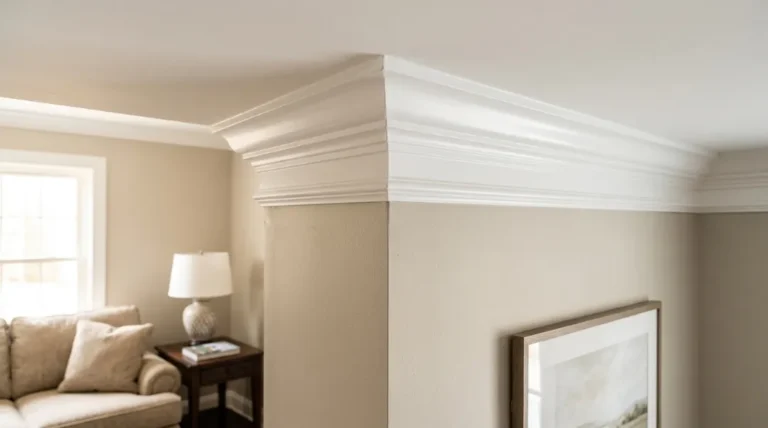 Types of crown molding installed at wall and ceiling junction in a traditional living room with beige walls and white trim.