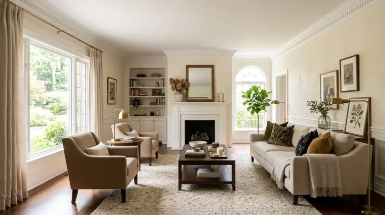 Types of crown molding in an elegant living room with white dentil crown molding, fireplace, and neutral interior design