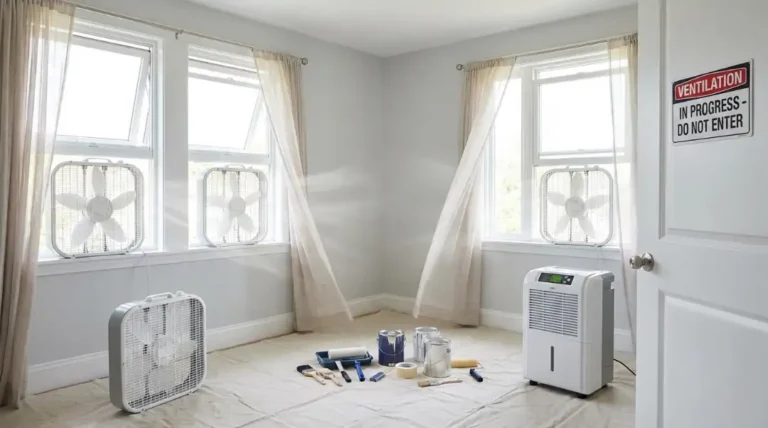 Freshly painted room with multiple fans in open windows, dehumidifier running, and ventilation in progress sign for safe paint fume removal.