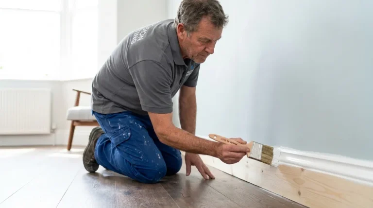 Professional painter using the best paint brush for trim while painting white baseboard on hardwood floor